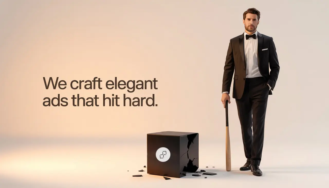 Man wearing a tuxedo with caption: We craft elegant ads that hit hard