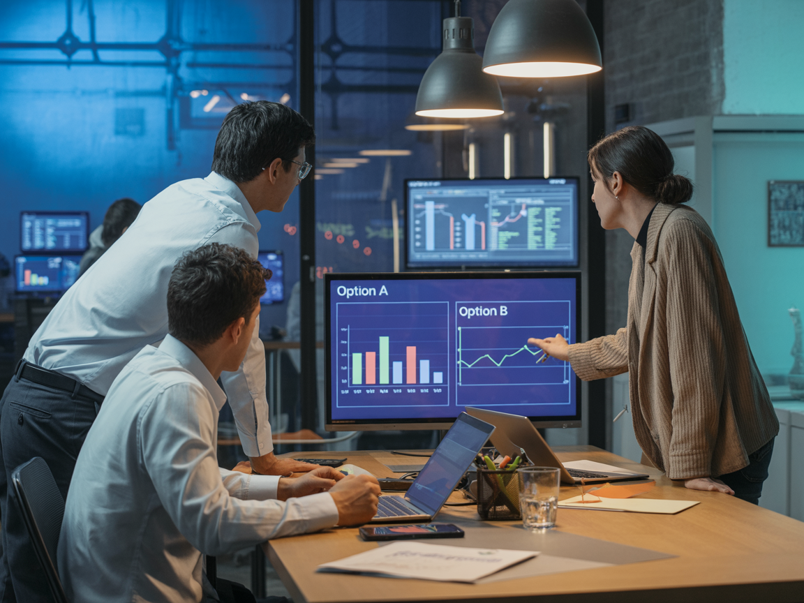 A team reviewing charts on multiple screens